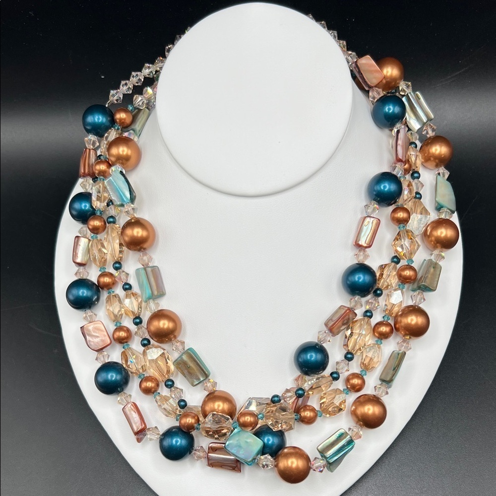 Artisan Multi Strand Necklace 925 Clasp Shell AB Beads Teal Copper